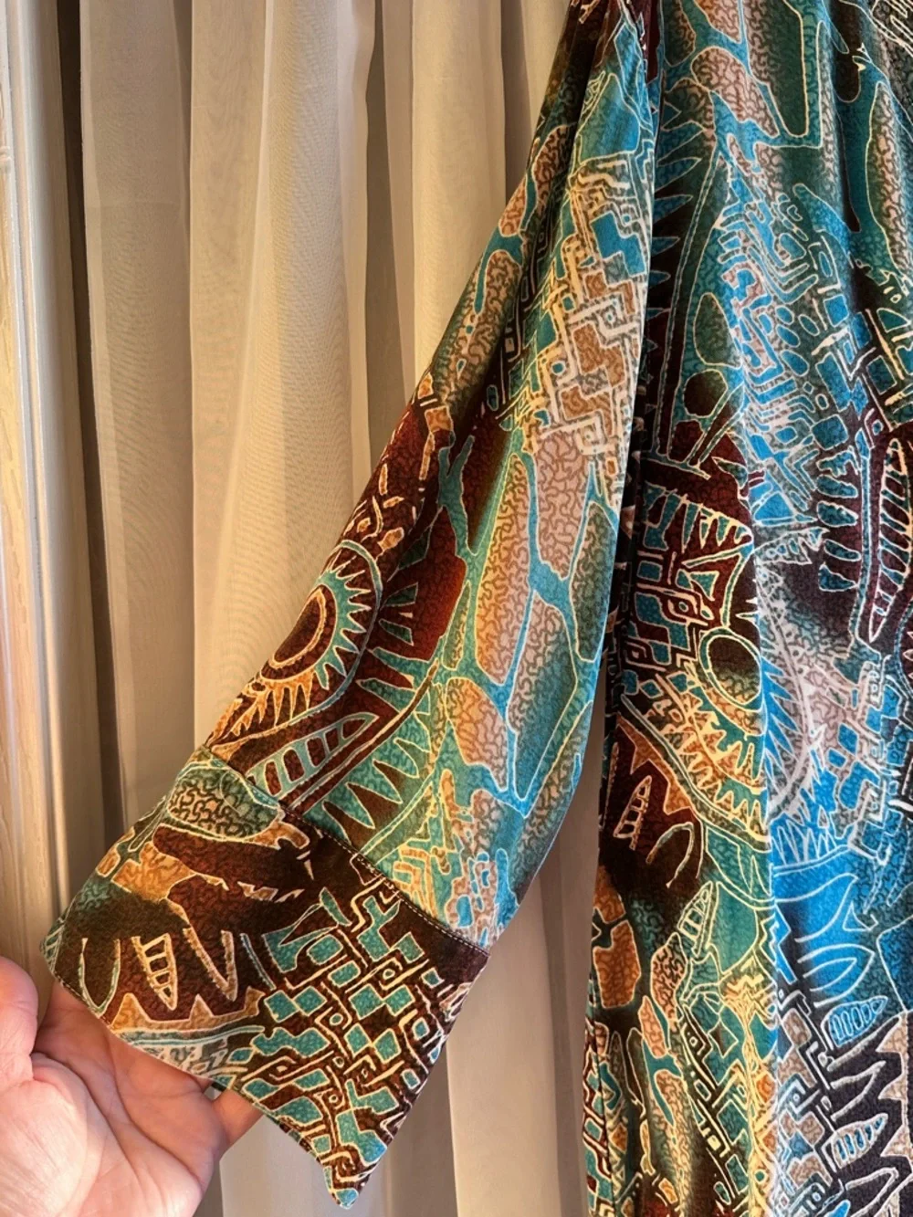 Tianello Soul of Africa Diva Abstract V-Neck Blouse in Teal and Brown size M - Picture 5 of 11